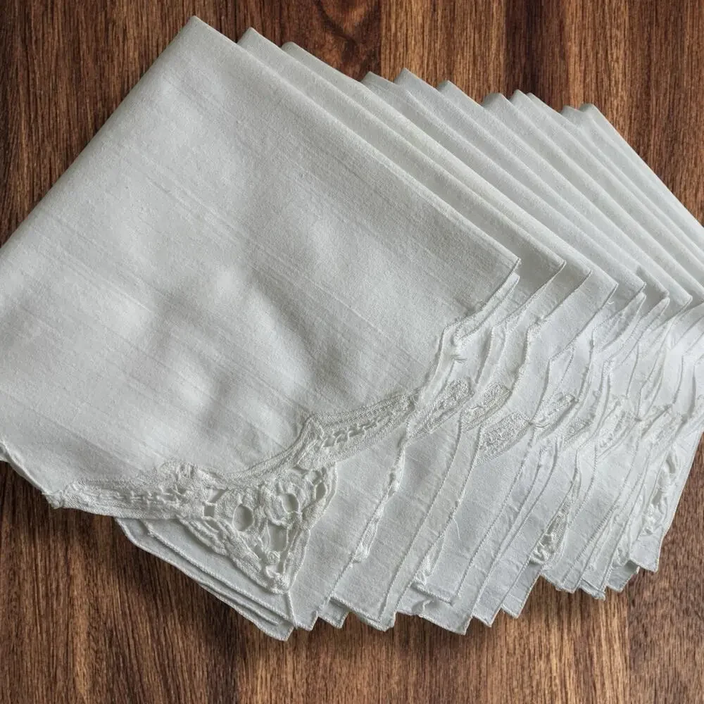 Battenburg Lace Corner Dinner Napkins Set 12 White Cotton Openwork Cottage 16x15